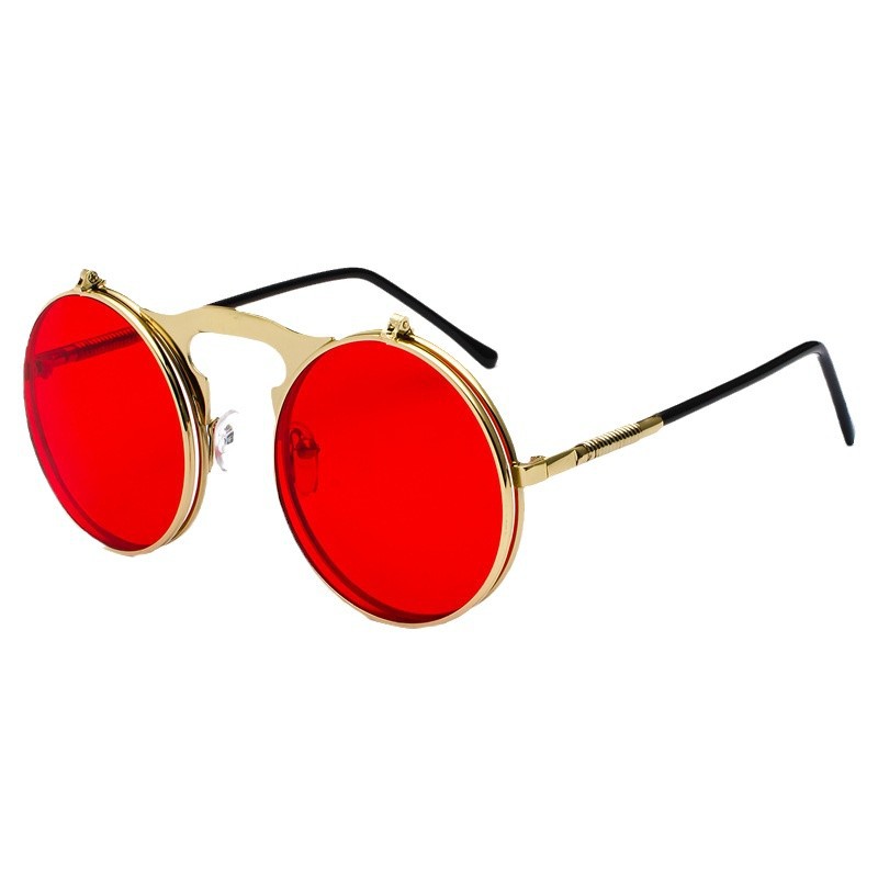 Men'S Fashion Round Glasses - نظارات شمسية دائرية حمراء بتصميم ستيمبانك