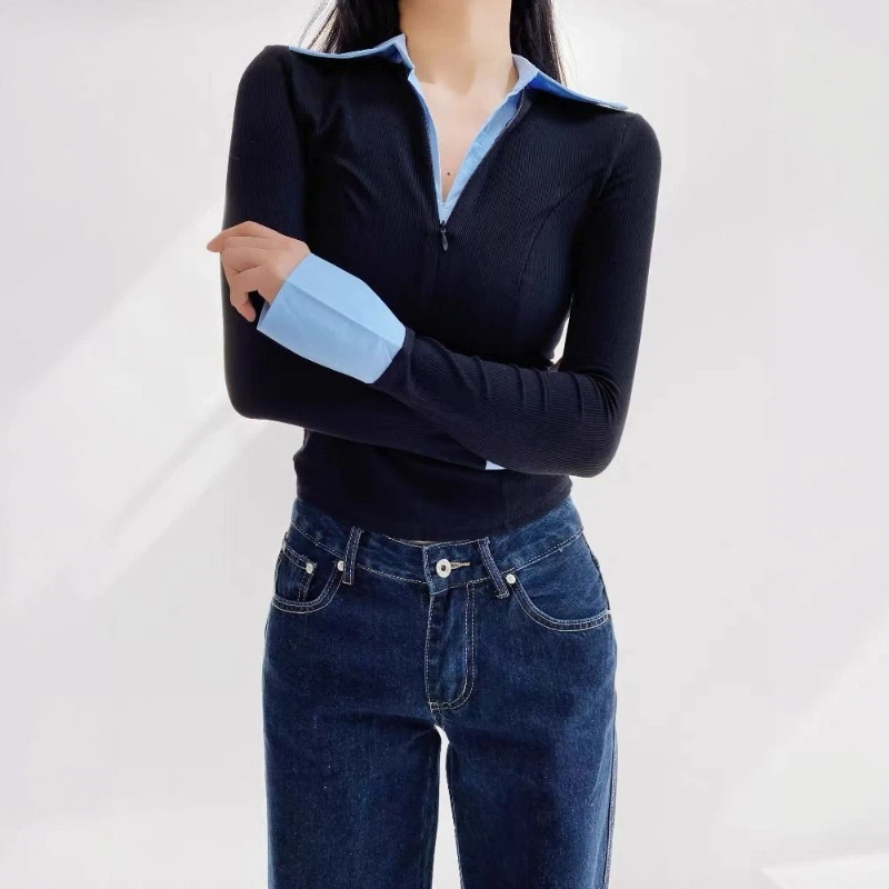 Polo Shirt Slim - بلوزة أنيقة بياقة بولو وتصميم كوري